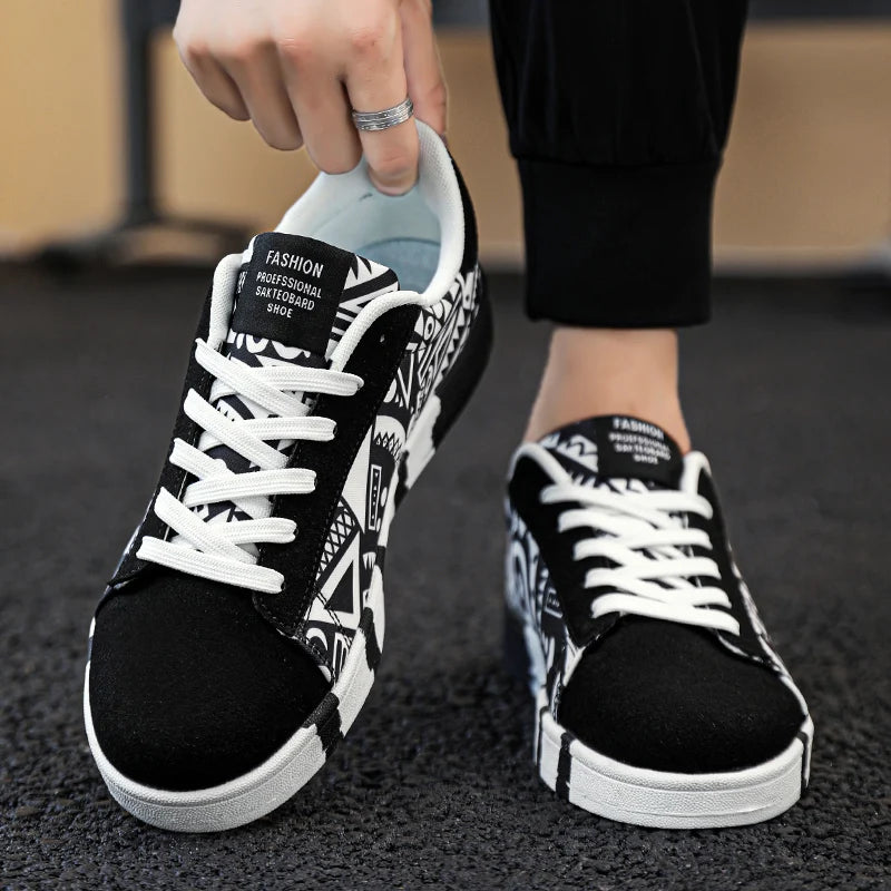 Men's Canvas Sneakers - Breathable Lace-Up Casual Shoes with Graffiti Design