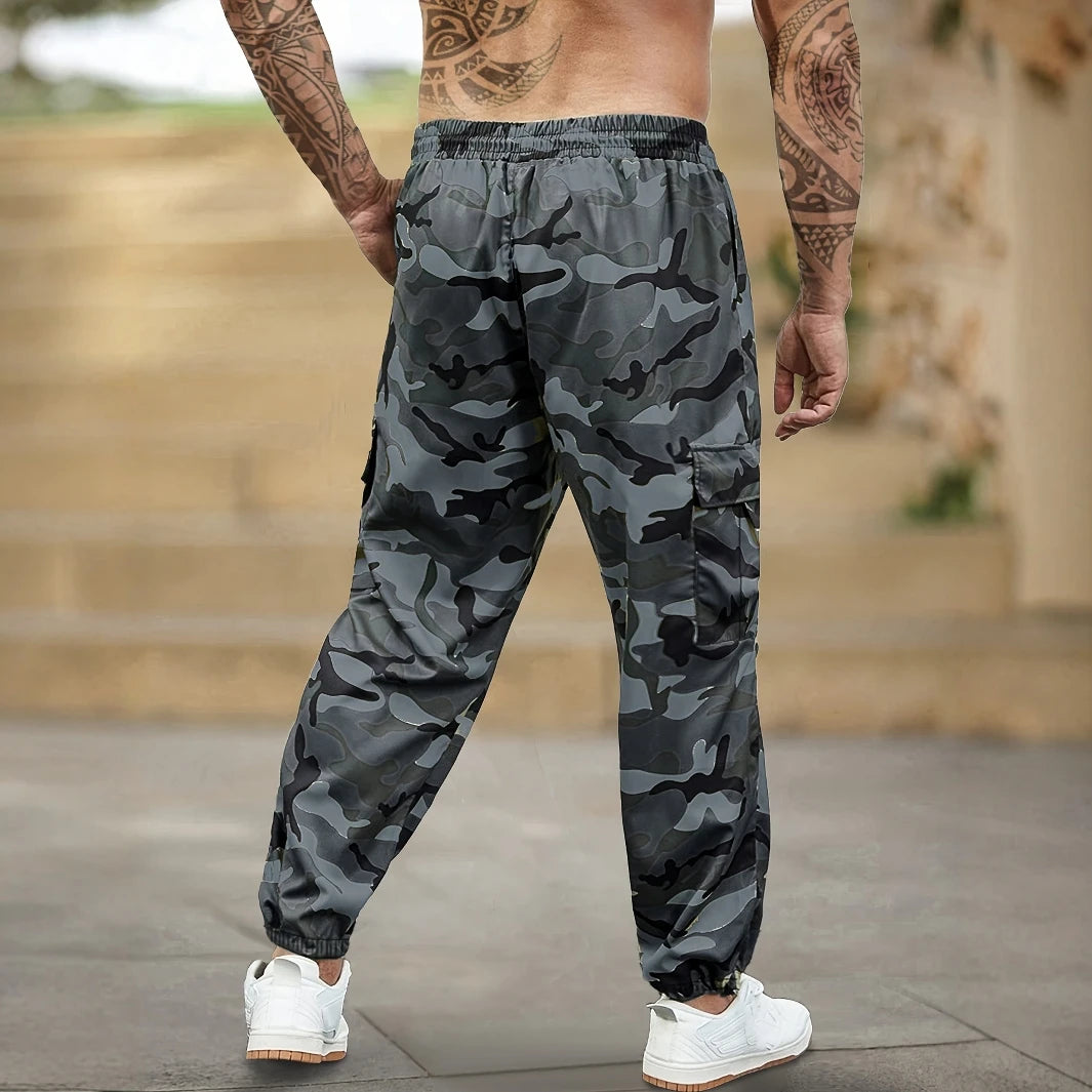 Trendy Camo Cargo Pants - Casual Loose Fit Elastic Waist Trousers With Pockets For Outdoor Activities