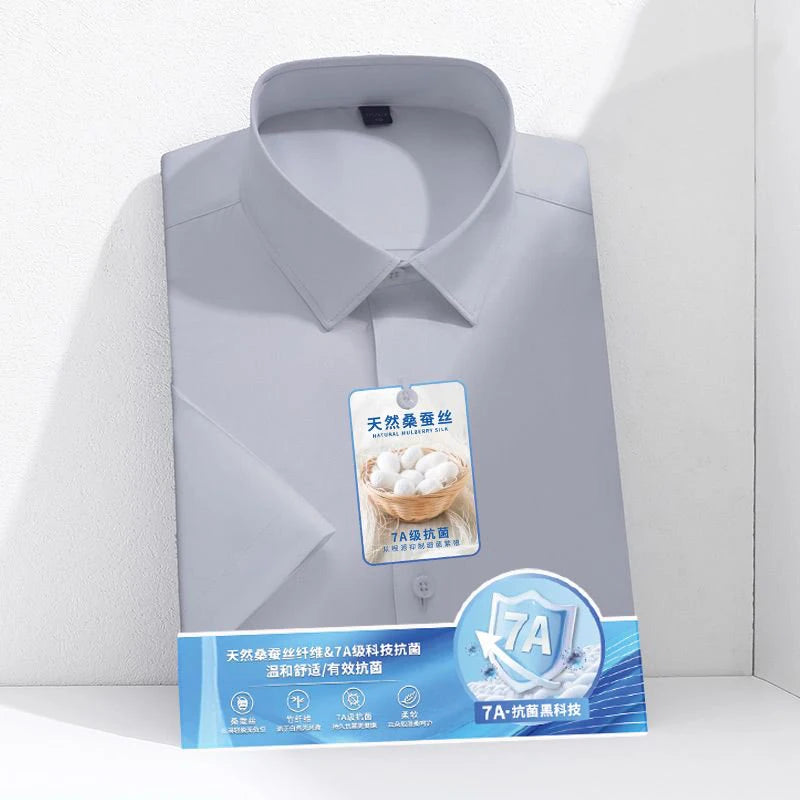 Larger Size S-6XL Mulberry Silk Men's Short  Sleeve Reverse Wrinkle and Cool Comfortable Slim Social Business Formal White Shirt