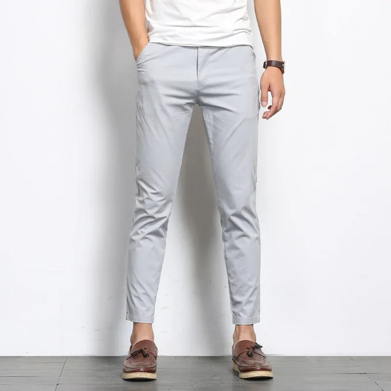 Men's Casual Straight-Leg Pants - Cotton Blend Ankle-Length Trousers