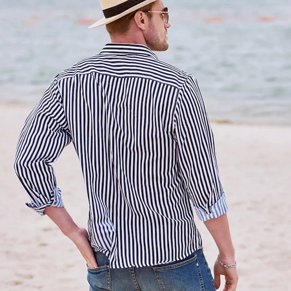 2026 Men's Formal Shirt - Horizontal Stripe Shirt - Buttoned Collar Shirt - Soft Fabrics Shirt - Wedding Style - Black - White -