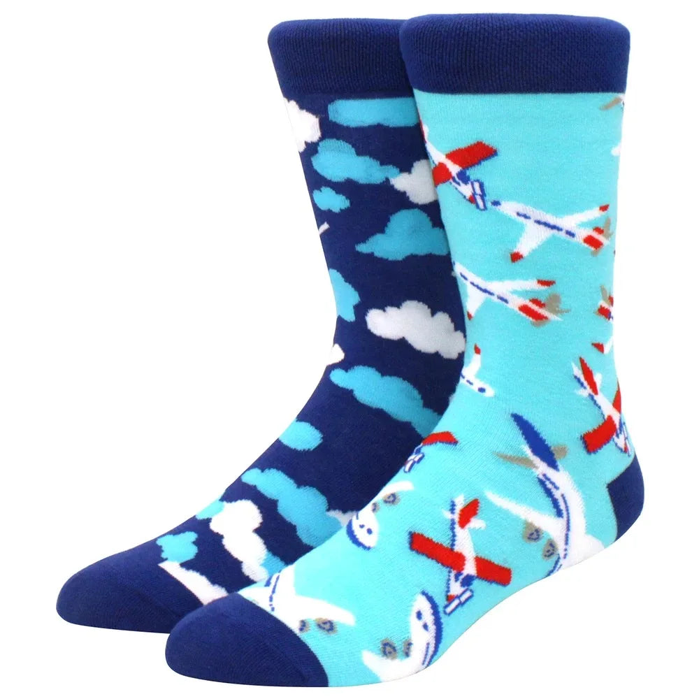Men's Novelty Cotton Crew Socks - Mismatched Animal & Fruit Design