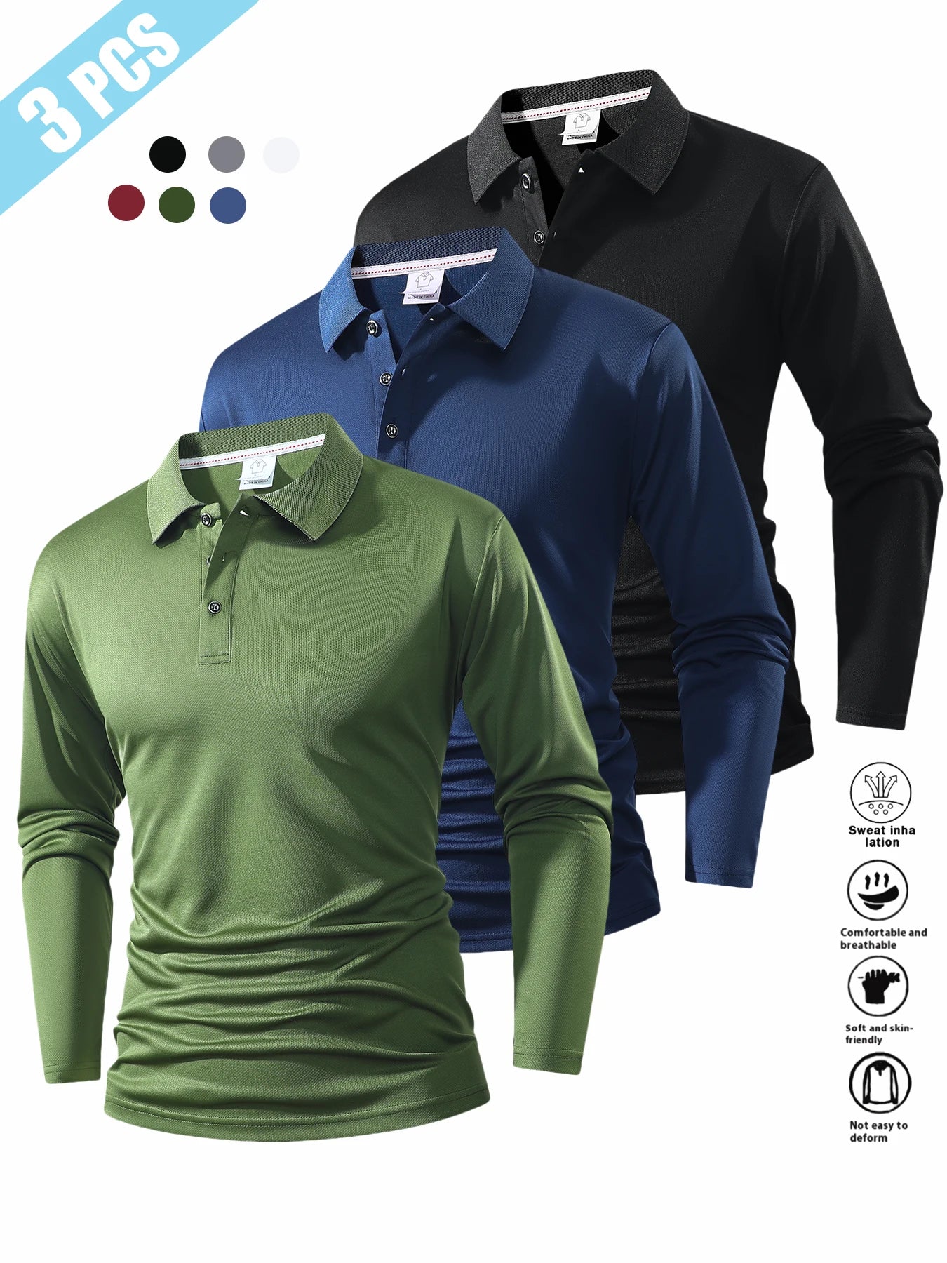 Men's Long Sleeve Shirt in Three-Piece Set, Autumn-Winter Collar Design, Solid Color, Flat Fabric, Multiple Color Options, Casual Business Wear