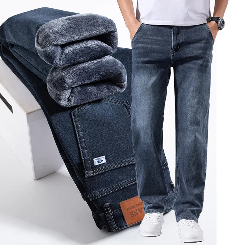 Men's Business Casual Straight Leg Jeans - Loose Fit Stretch Denim