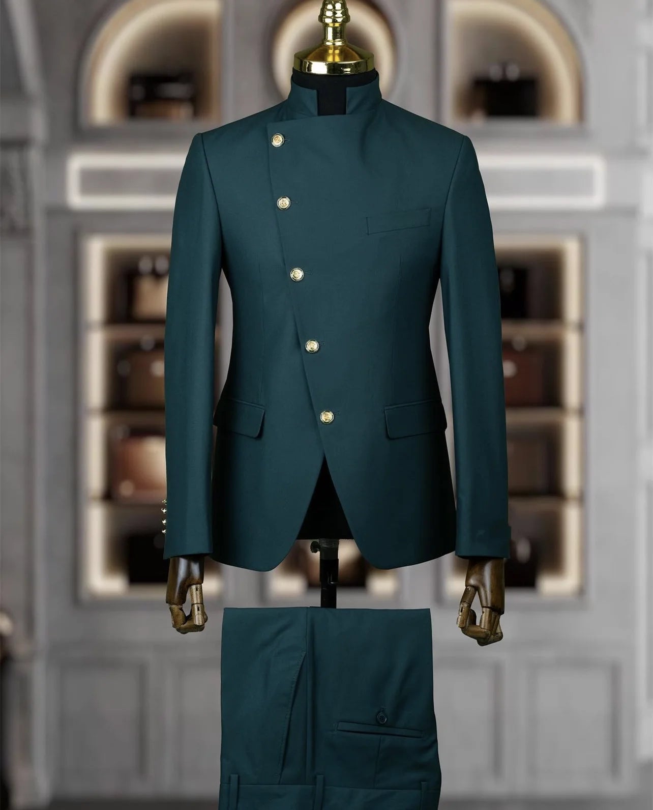 Men's East Style Slant-Breasted Slim Fit Suit Formal Indian Middle Stand-Up Collar