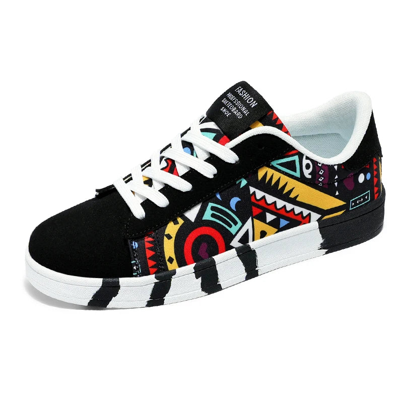 Men's Canvas Sneakers - Breathable Lace-Up Casual Shoes with Graffiti Design