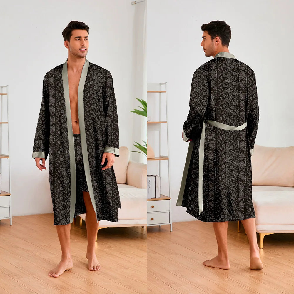 Men's Kimono Bathrobe Set - Luxury Ice Silk Robe & Pajamas