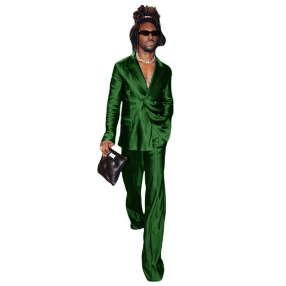 Men's Suit Satin Men Costume Luxurious Double Breasted Complete 2 Pieces Suit Peaked Lapel Jackets Dancing Party Fashion