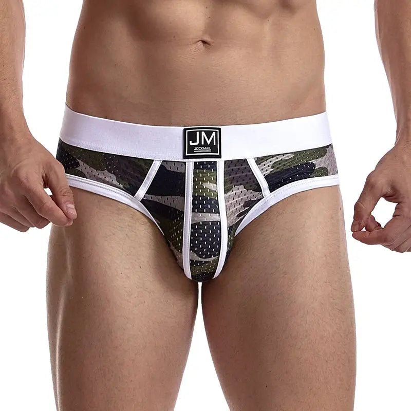 JOCKMAIL Men's Low-Rise Mesh Briefs - Breathable Nylon Camouflage Underwear