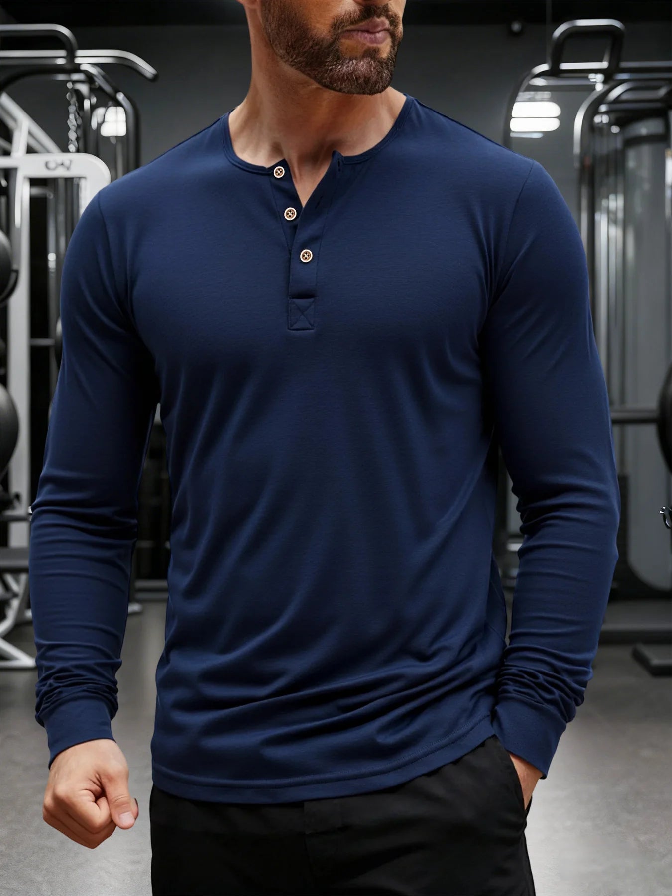 Men's T Shirt Autumn Button Long Sleeve Henley Neck Solid Color Casual Breathable Versatile Slim T-Shirts