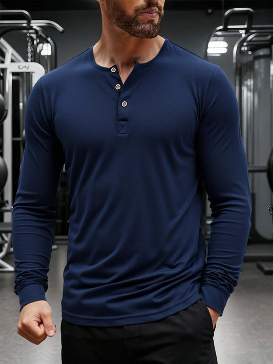 Men's T Shirt Autumn Button Long Sleeve Henley Neck Solid Color Casual Breathable Versatile Slim T-Shirts