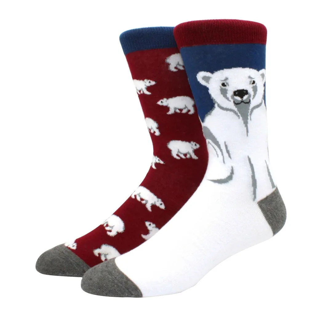 Men's Novelty Cotton Crew Socks - Mismatched Animal & Fruit Design