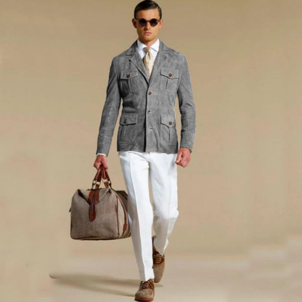 Men's Elegant Suede Blazer Single-breasted Modern Multiple Pockets Lapel Blazers Fashion
