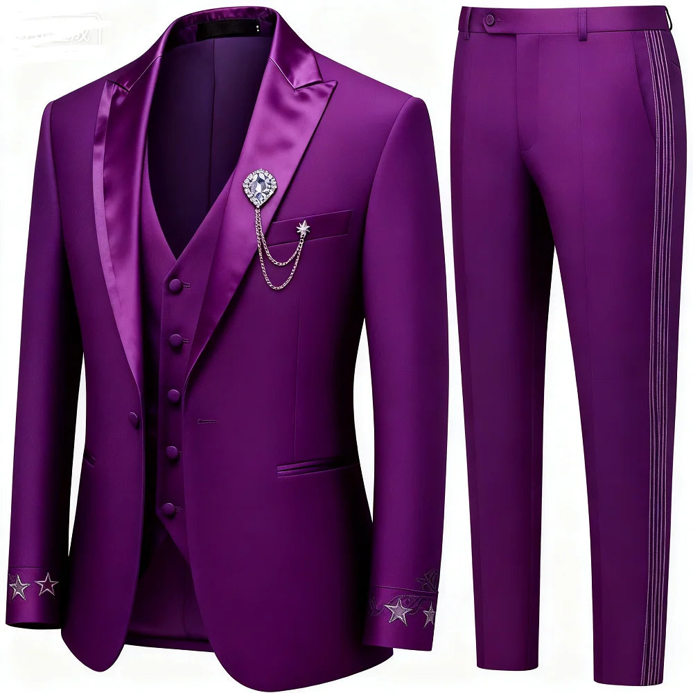 Men's Black 3-Piece Suit Slim Fit Elegant Formal Casual Ensemble Jacket Vest Pants Business Wedding Dance - Complete Outfit Set