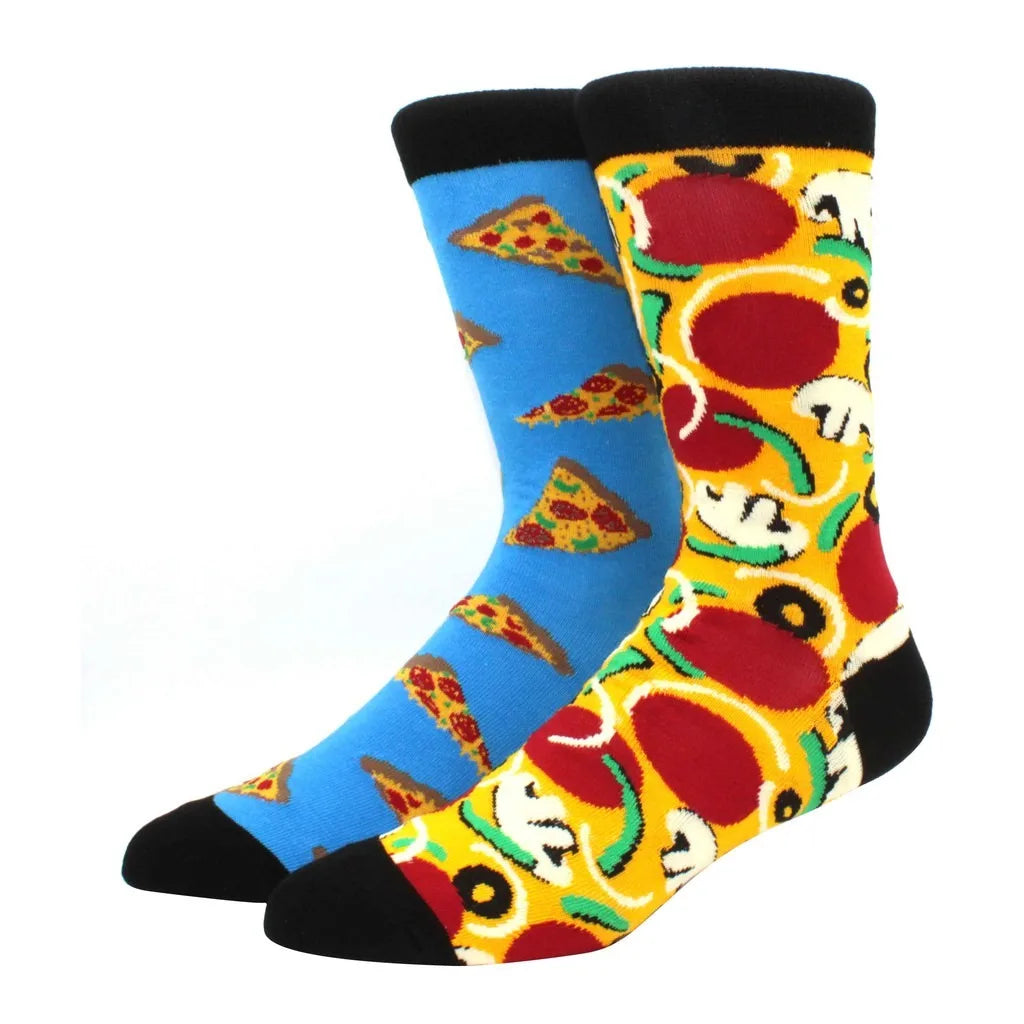Men's Novelty Cotton Crew Socks - Mismatched Animal & Fruit Design