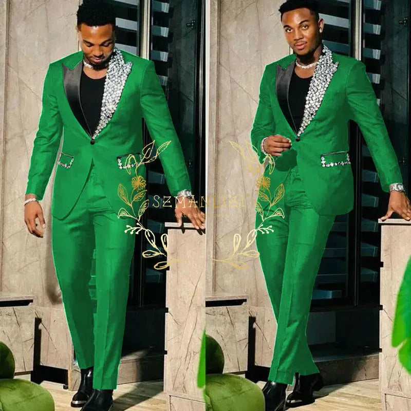Slim Fit Suit Single Breasted Peak Lapel Blazer High Quality Crystal Prom Party 2 Piece Jacket & Pants for Men
