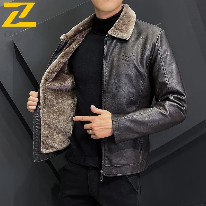 Men's Faux Leather Jacket - Fleece Lined Winter Coat