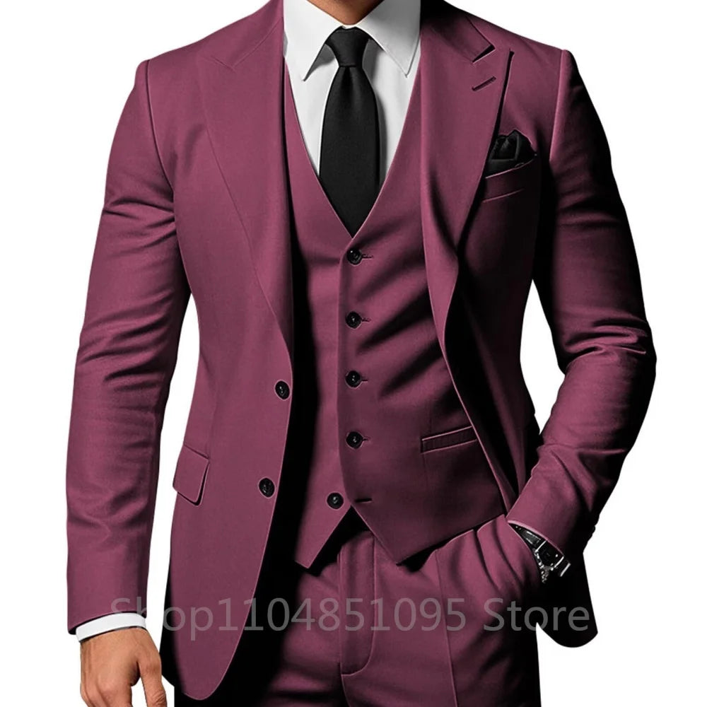 3 Piece Solid Wedding Men Suits Formal Groom Tuxedos Prom Party Male Suits Fashion Men Clothing Set Peak Lapel Jacket Pants Vest