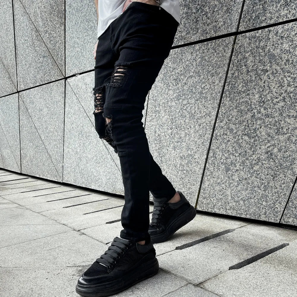Men's Slim Fit Ripped Denim Jeans - Hip Hop Street Style