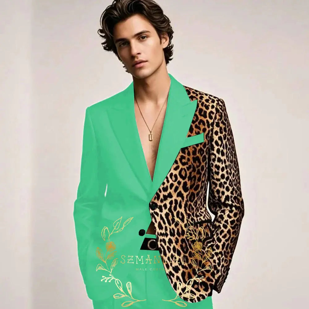 Fashion Suit for Men Leopard Print Peaked Lapel Slim Fit 2 Piece Jacket Pants Blazer Wedding Party Tuxedo Male Clothing
