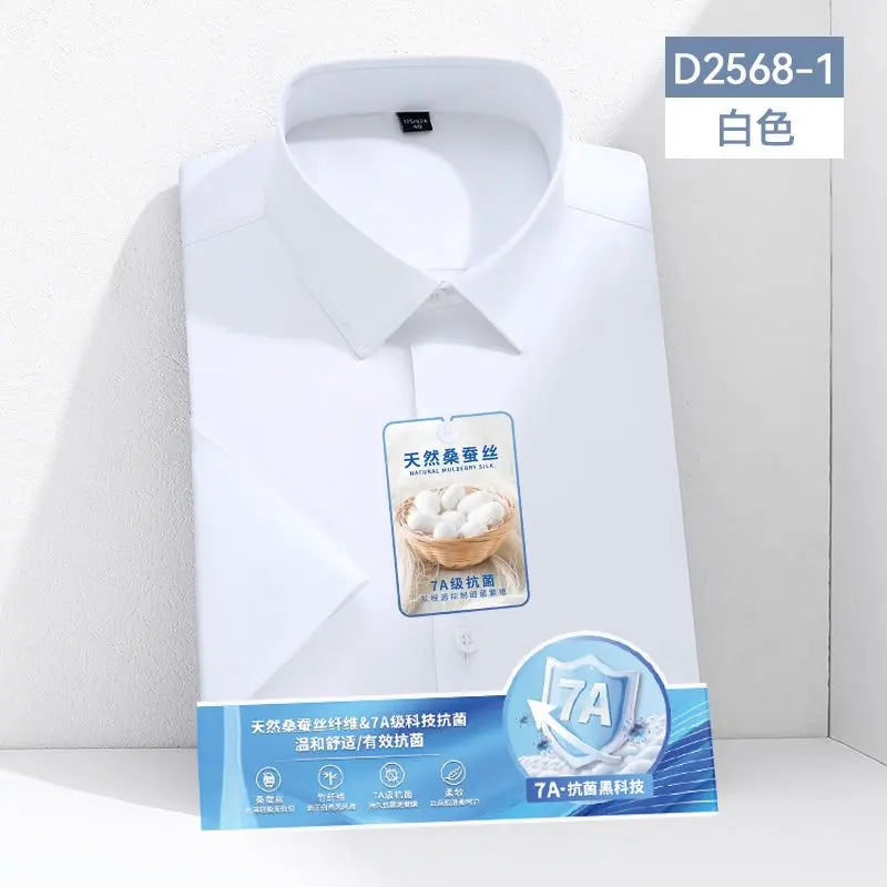 Larger Size S-6XL Mulberry Silk Men's Short  Sleeve Reverse Wrinkle and Cool Comfortable Slim Social Business Formal White Shirt