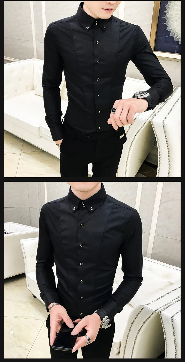 Men's Shirts Luxury Brand New Long Sleeve Elegant Shirts for Men Clothing Slim Fit Casual Mens Dress Shirts Formal Black/White