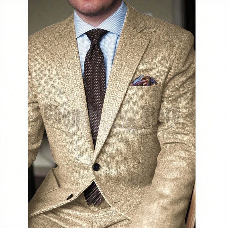 Brown Herringbone Tweed Casual Men Suits for Winter 2 Piece Wedding Groomsmen Tuxedo Male Suit Jacket with Pants New Fashion