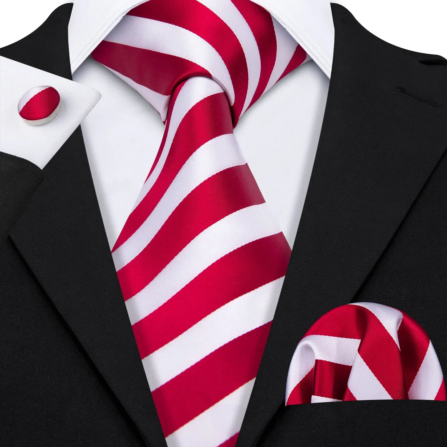 Barry.Wang Red Silk Mens Tie Hanky Cufflinks Set Burgundy Maroon Scarlet Carmine Rose Jacquard Necktie For Male Wedding Party