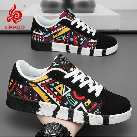 Men's Canvas Sneakers - Breathable Lace-Up Casual Shoes with Graffiti Design