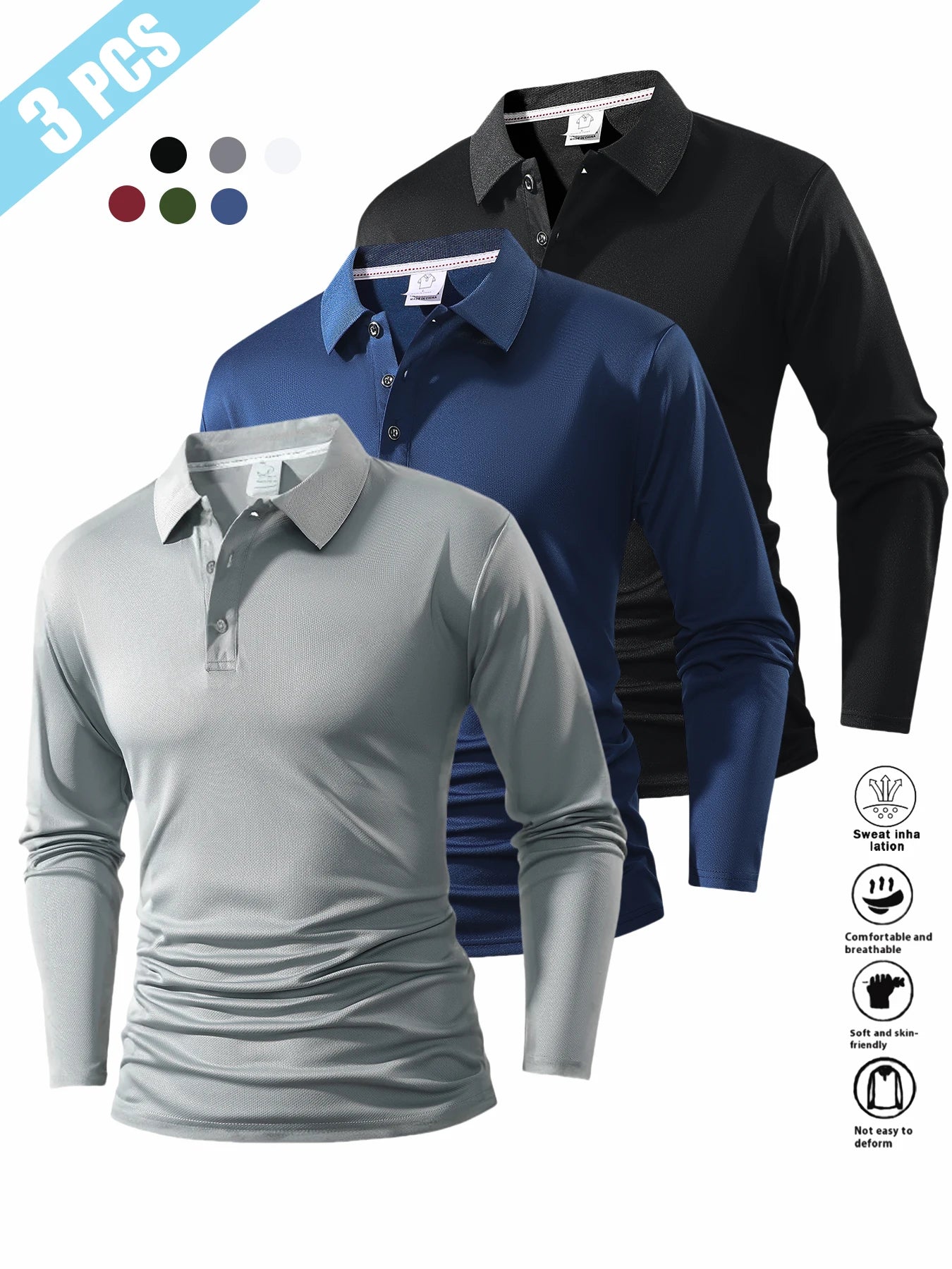 Men's Long Sleeve Shirt in Three-Piece Set, Autumn-Winter Collar Design, Solid Color, Flat Fabric, Multiple Color Options, Casual Business Wear