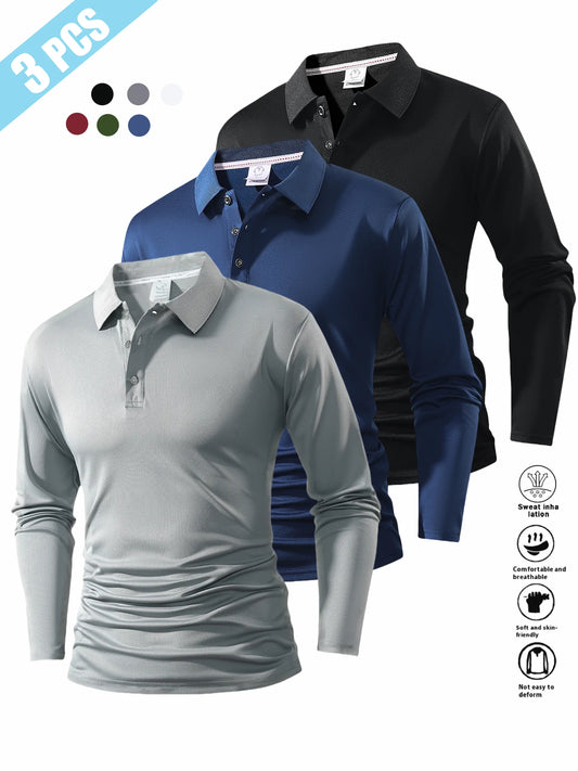 Men's Long Sleeve Shirt in Three-Piece Set, Autumn-Winter Collar Design, Solid Color, Flat Fabric, Multiple Color Options, Casual Business Wear