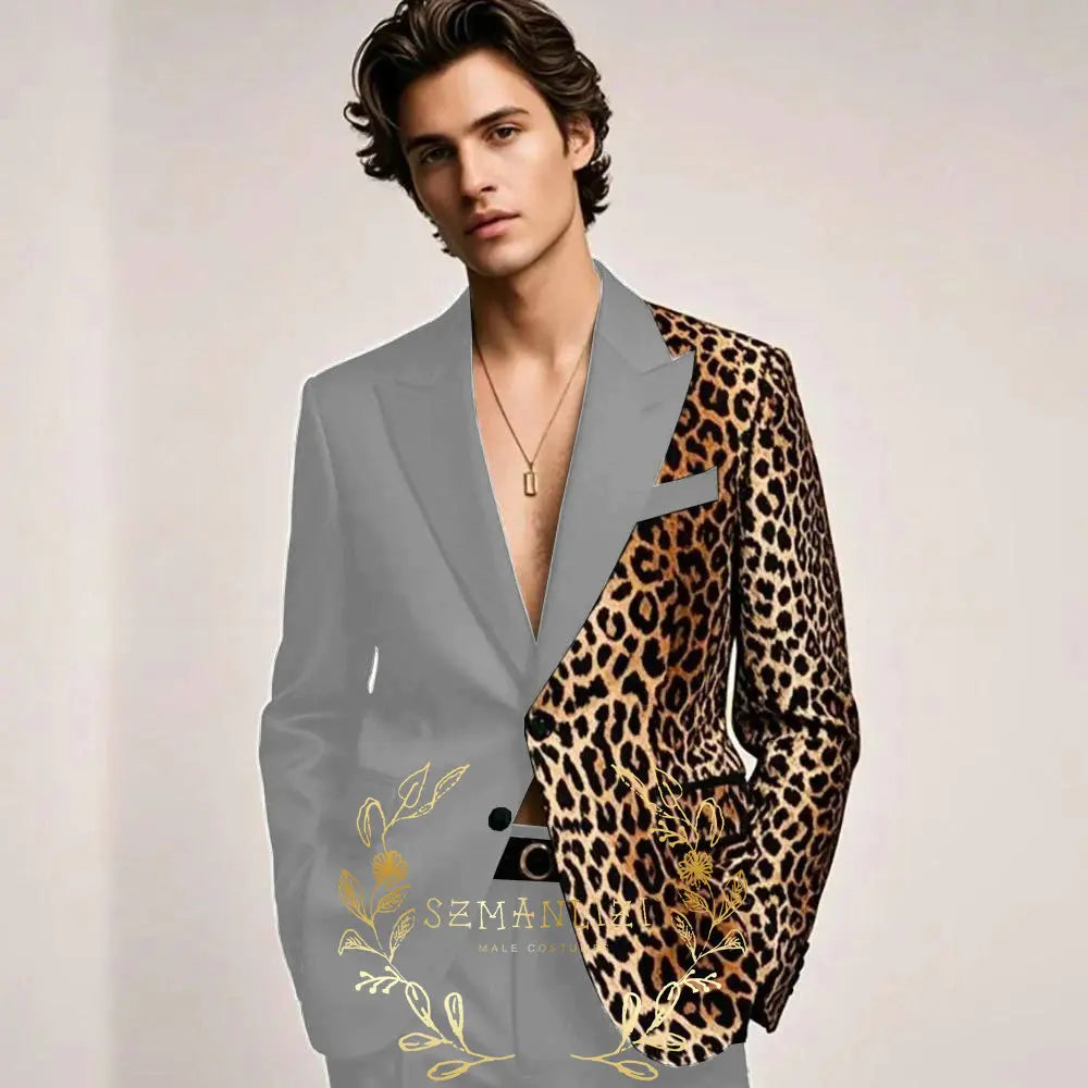 Fashion Suit for Men Leopard Print Peaked Lapel Slim Fit 2 Piece Jacket Pants Blazer Wedding Party Tuxedo Male Clothing