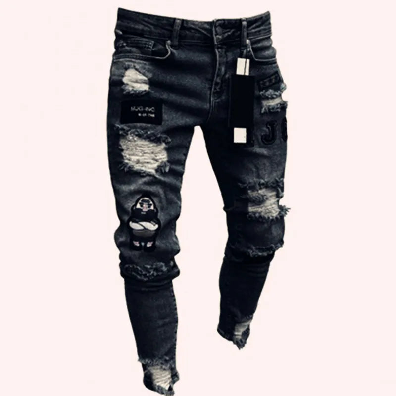 Men's Distressed Stretch Denim Jeans - Slim Fit Casual Pants