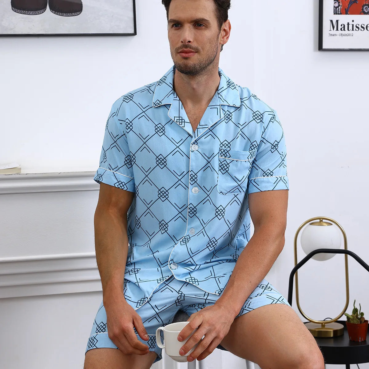 Men's Cotton Silk Pajama Set - Short Sleeve Loungewear