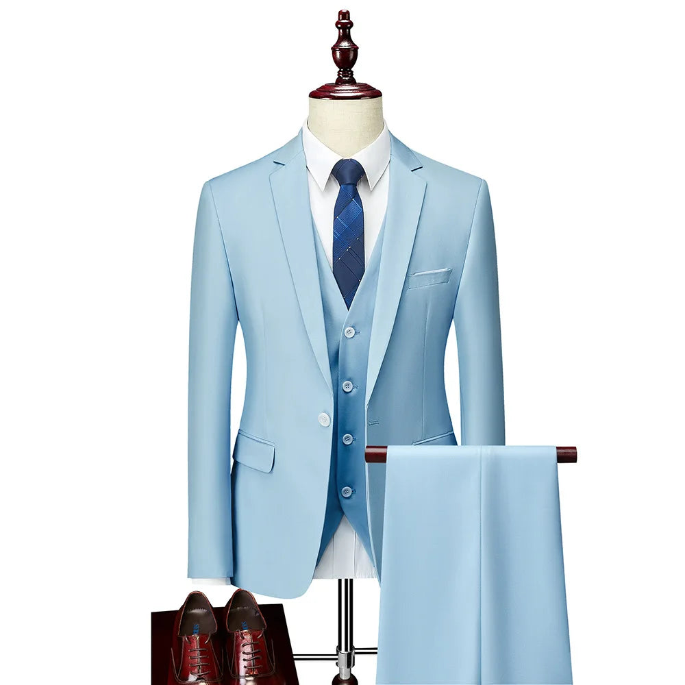 Men Suit Set Simple Solid Color Long Sleeve Male Outfit Single-breasted Slim Business Wedding Versatile Men Three-piece Suits