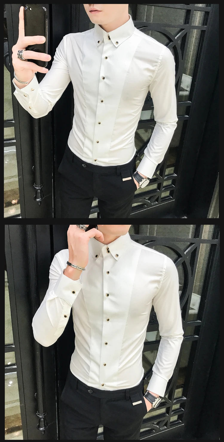 Men's Shirts Luxury Brand New Long Sleeve Elegant Shirts for Men Clothing Slim Fit Casual Mens Dress Shirts Formal Black/White