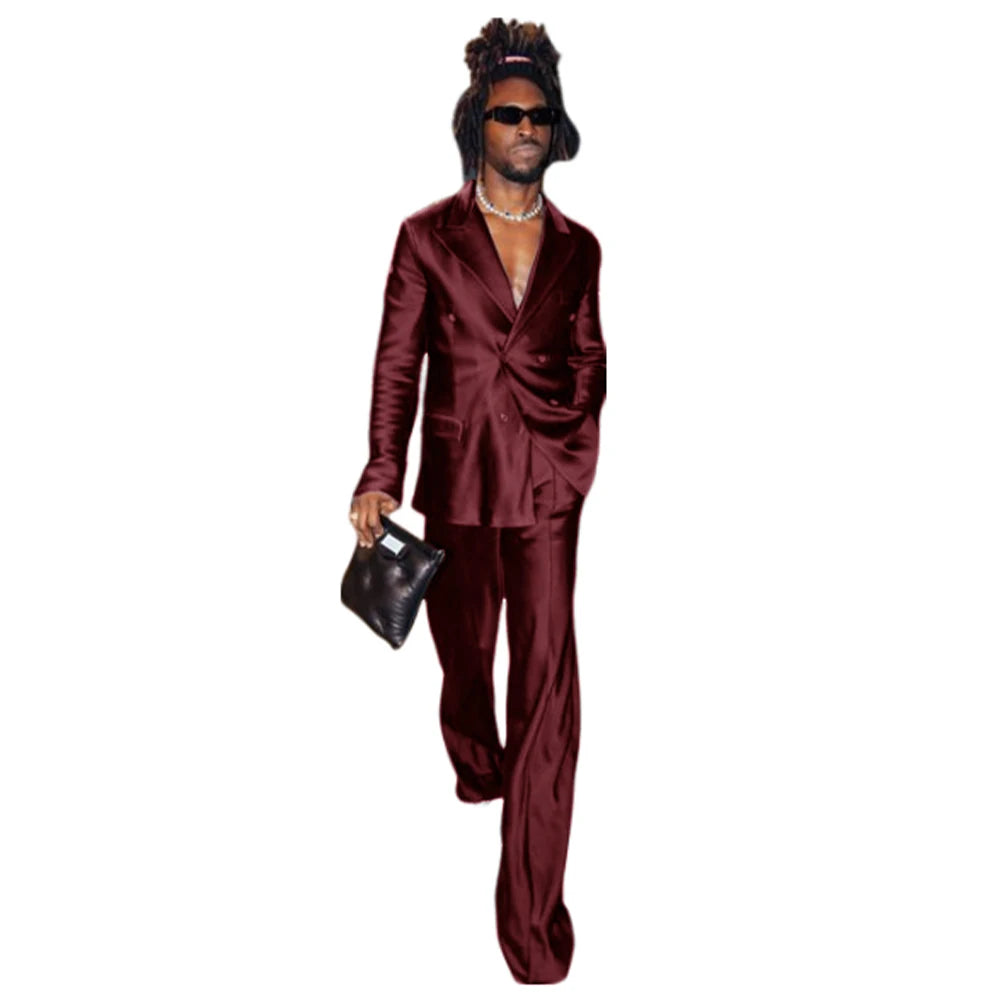 Men's Suit Satin Men Costume Luxurious Double Breasted Complete 2 Pieces Suit Peaked Lapel Jackets Dancing Party Fashion