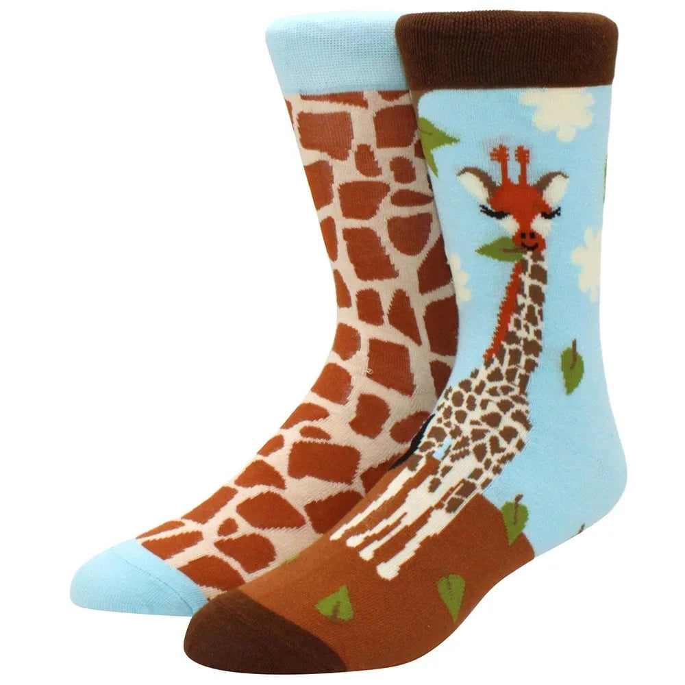 Men's Novelty Cotton Crew Socks - Mismatched Animal & Fruit Design