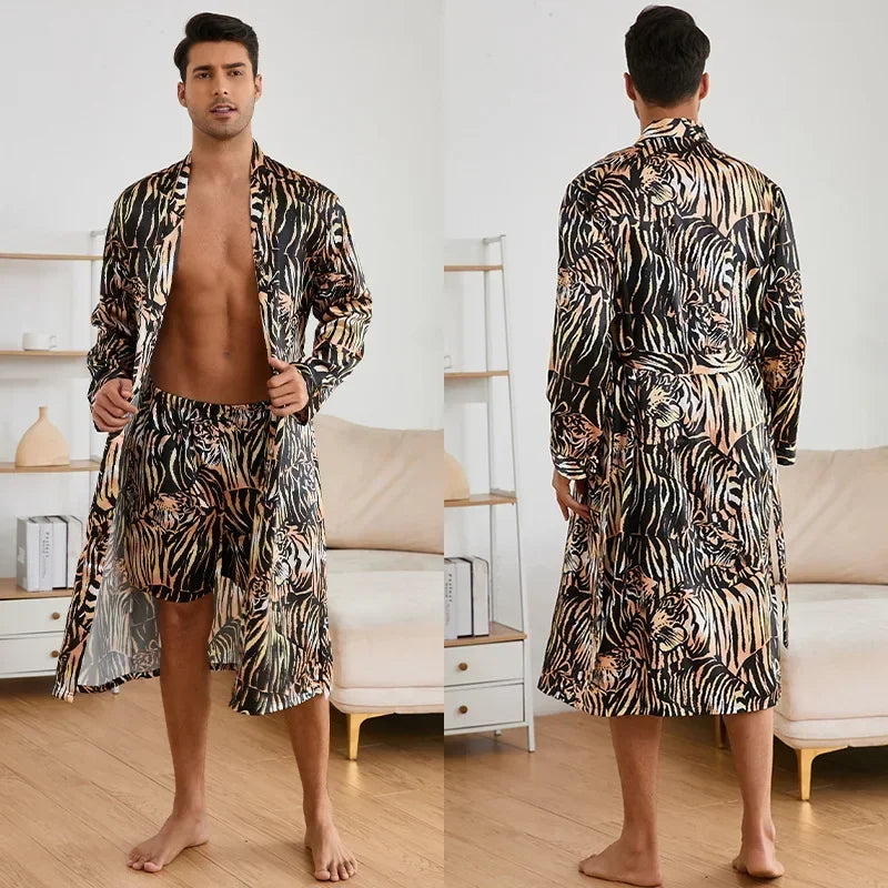 Men's Kimono Bathrobe Set - Luxury Ice Silk Robe & Pajamas