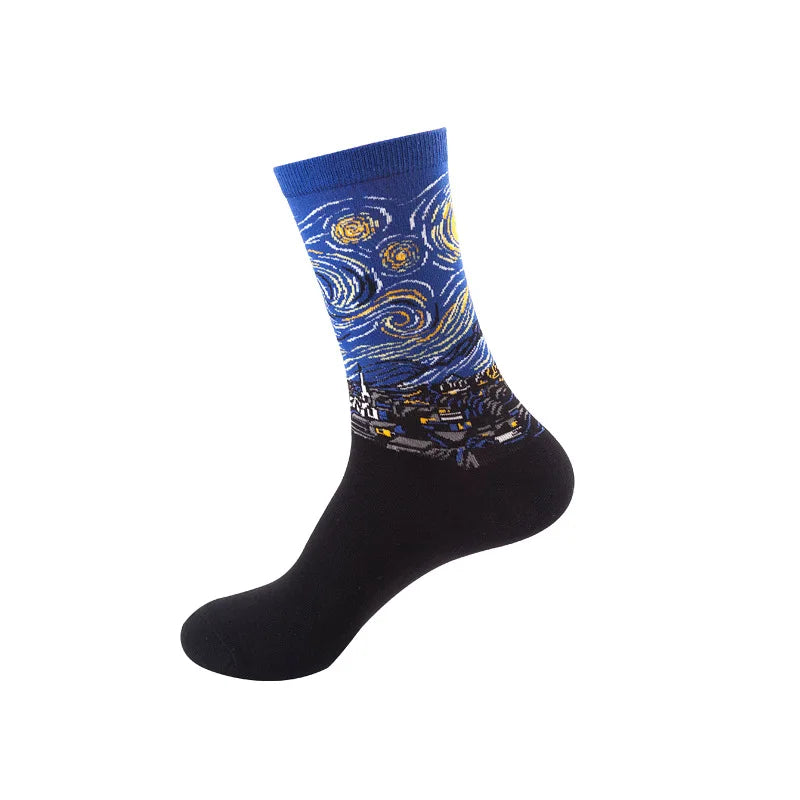 Men's Van Gogh Starry Night Art Socks - 2 Pack Cotton Crew Socks