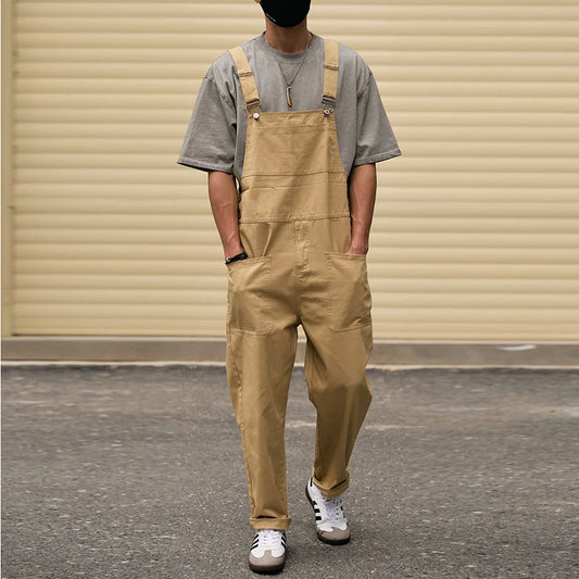 Men's Khaki Cargo Overalls with Adjustable Suspenders