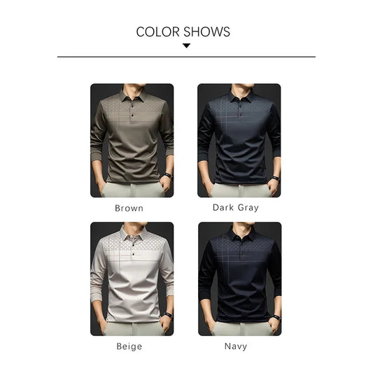 Formal Polo Tshirts Men Graphic Design Long Sleeve Shirt Collar Office Work Polo Tops Man Clothing