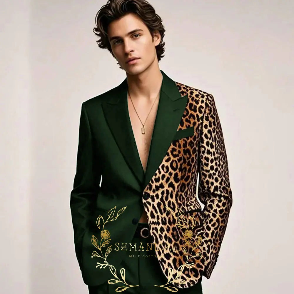 Fashion Suit for Men Leopard Print Peaked Lapel Slim Fit 2 Piece Jacket Pants Blazer Wedding Party Tuxedo Male Clothing