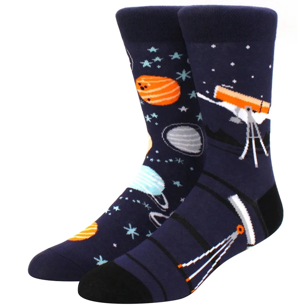 Men's Novelty Cotton Crew Socks - Mismatched Animal & Fruit Design