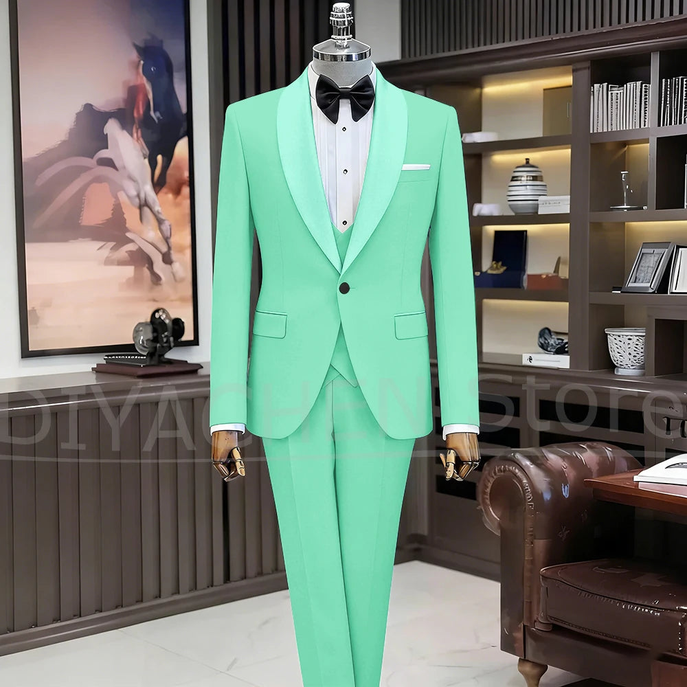 Black Suits for Men Elegant Shawl Lapel One Button Male Suit Slim (Jacket+Vest+Pants) Banquet Prom Wedding Party Tuxedo 3 Piece