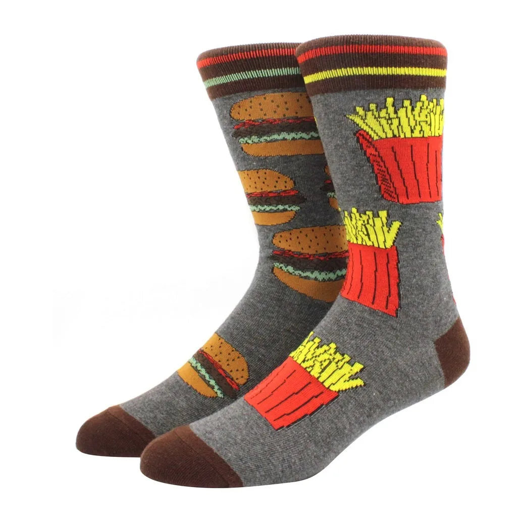 Men's Novelty Cotton Crew Socks - Mismatched Animal & Fruit Design
