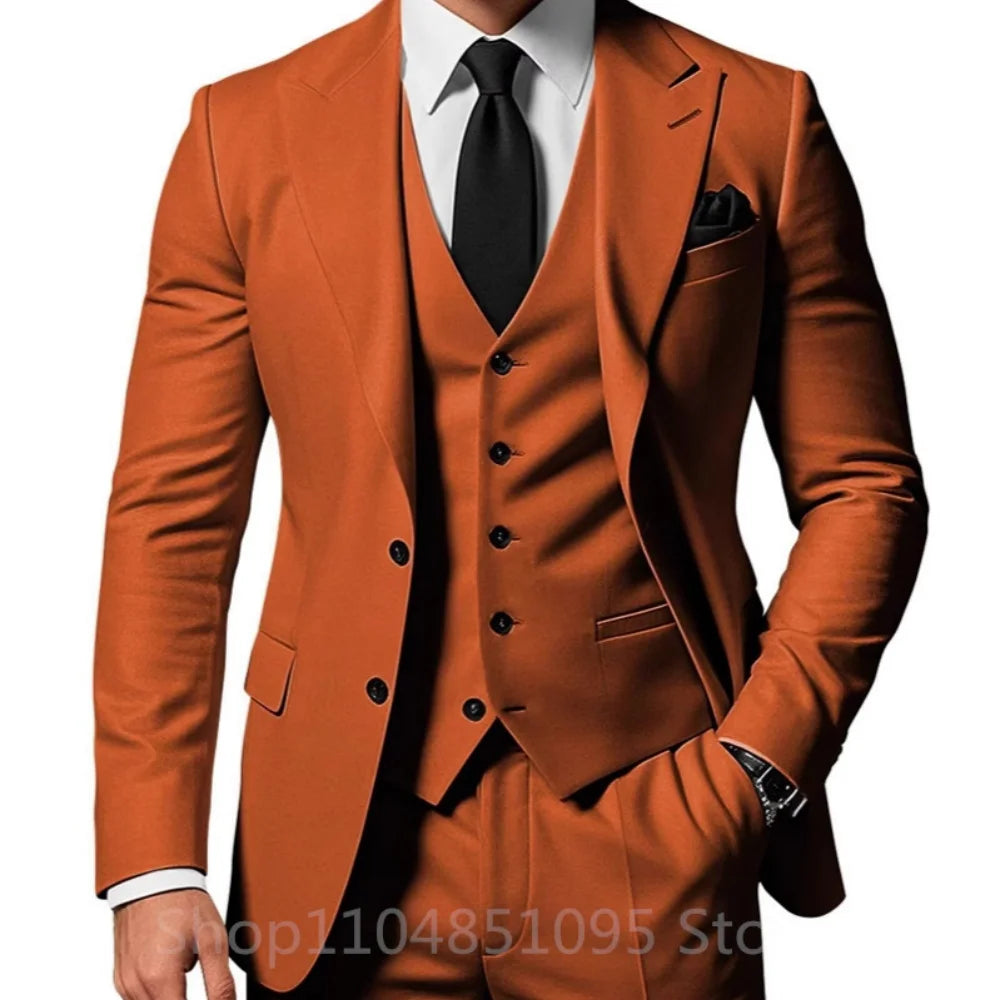 3 Piece Solid Wedding Men Suits Formal Groom Tuxedos Prom Party Male Suits Fashion Men Clothing Set Peak Lapel Jacket Pants Vest