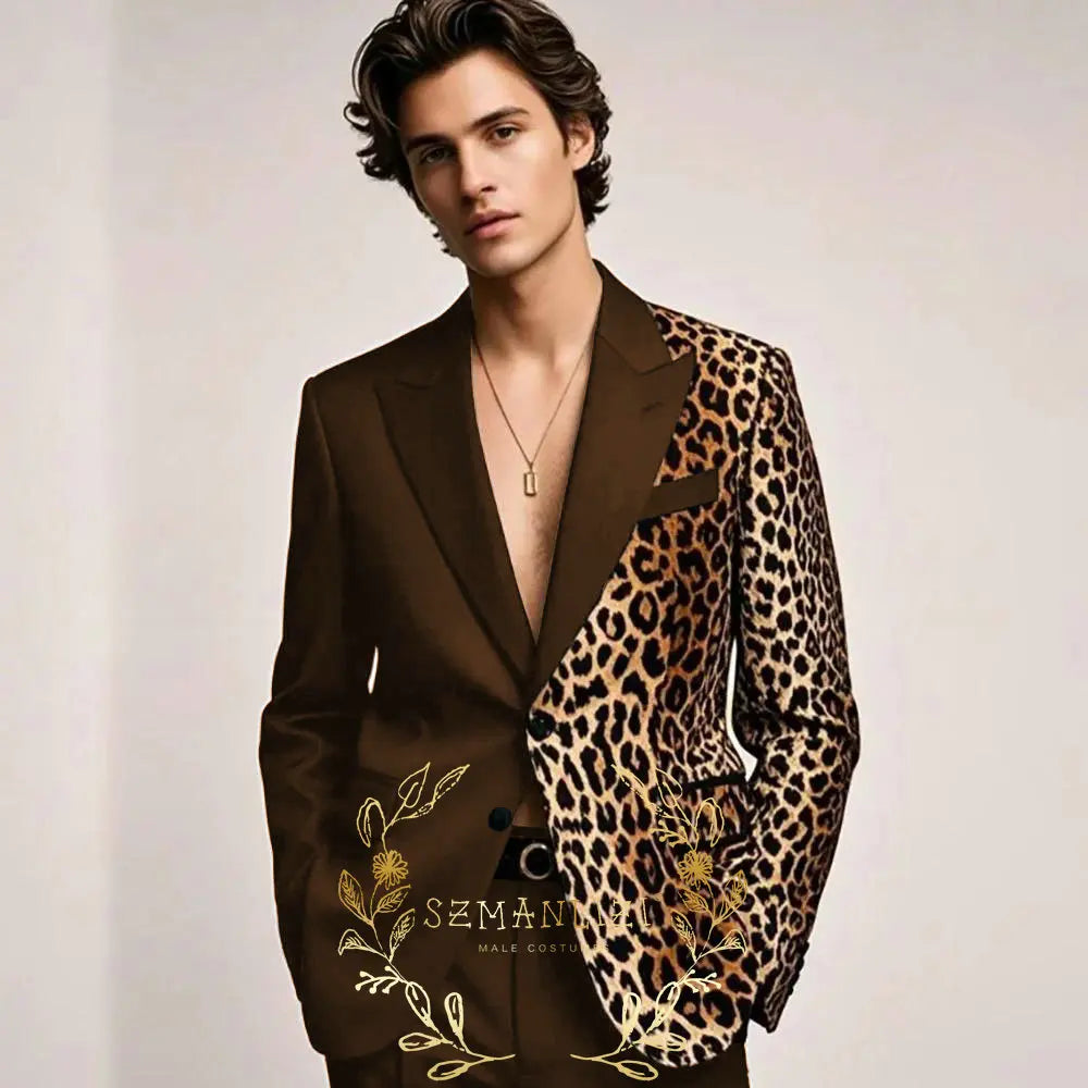 Fashion Suit for Men Leopard Print Peaked Lapel Slim Fit 2 Piece Jacket Pants Blazer Wedding Party Tuxedo Male Clothing