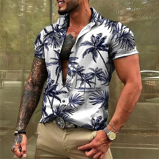 Men's Hawaiian Coconut Tree Print Shirt - Short Sleeve