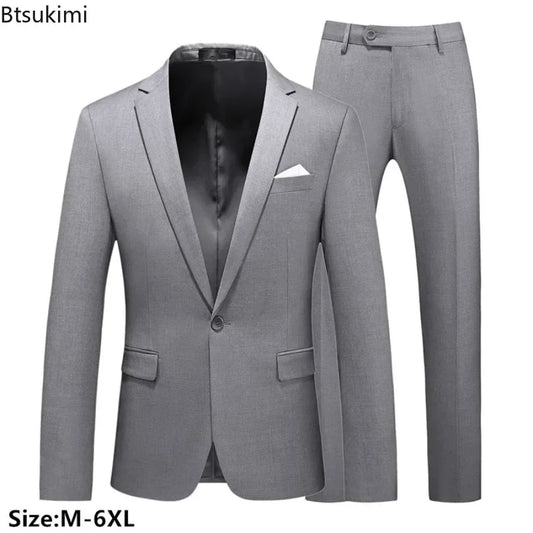 Men's Suits 2 PCS Sets Fashion Business Casual Formal Clothes Man Solid Slim Prom Party Blazer Coats+Trousers Sets Plus Size 6XL